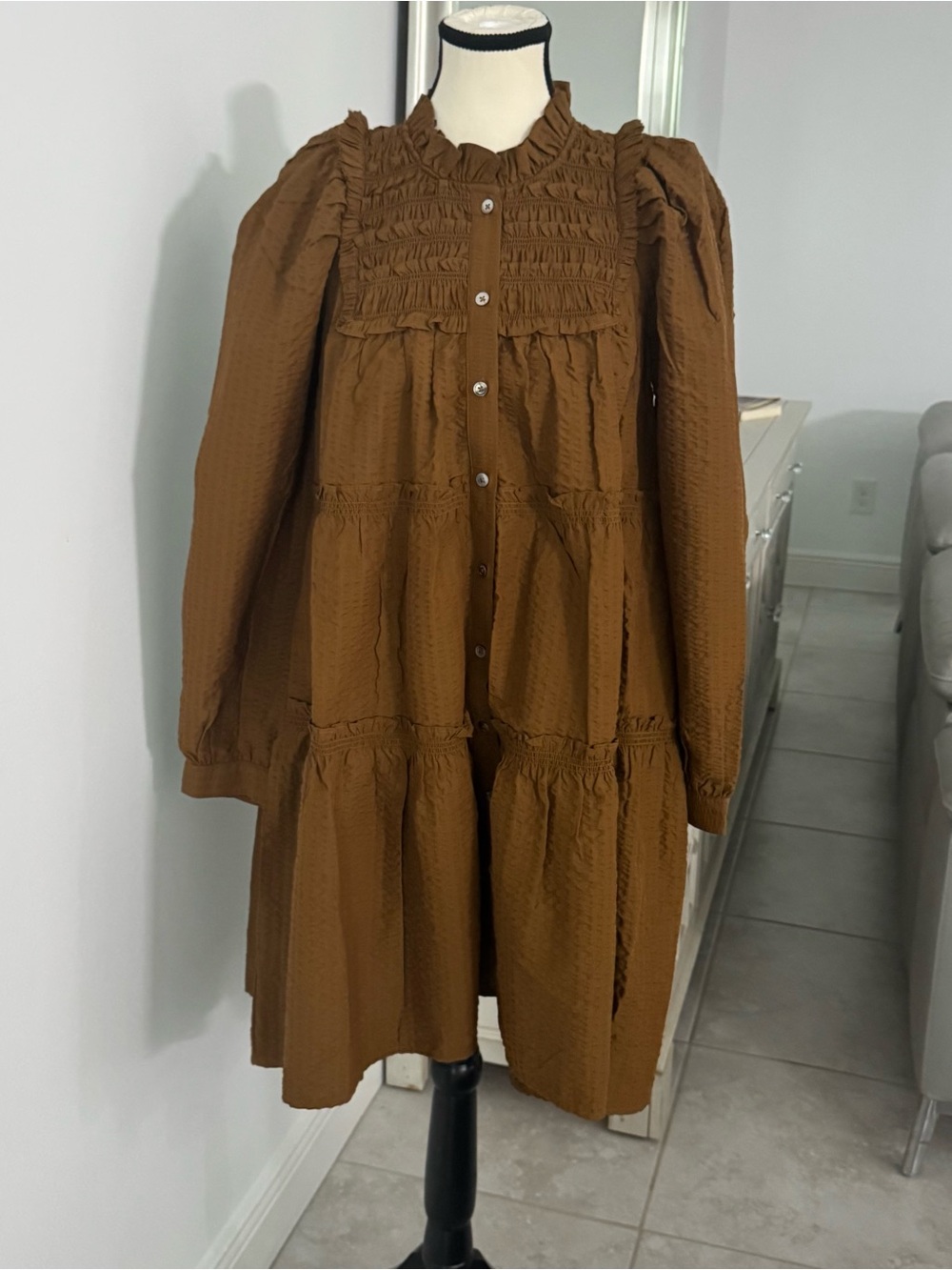Sea New York Brown Textured Ruffle Tiered Long-Sleeve Dress